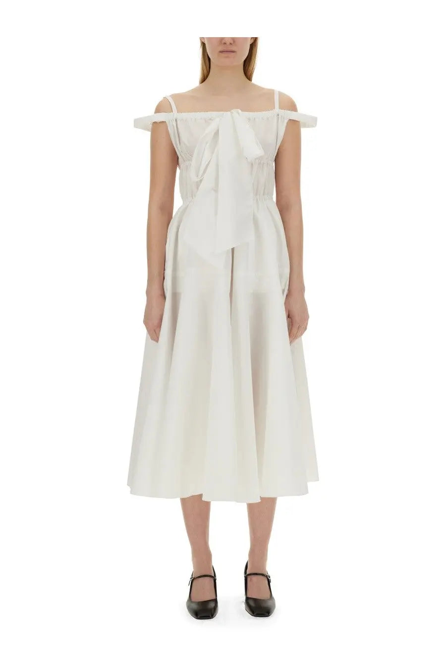 Patou women’s white off-the-shoulder midi dress with gathered bodice and large bow at neckline