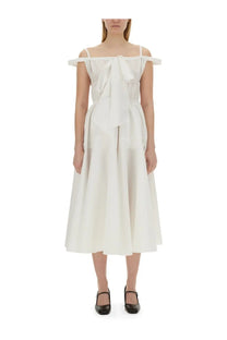 Patou women’s white off-the-shoulder midi dress with gathered bodice and large bow at neckline