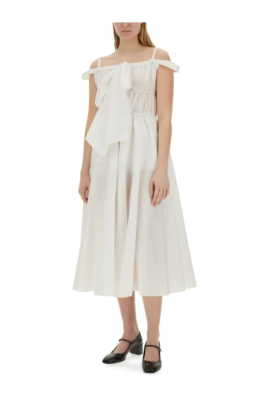 Patou women’s long white off-the-shoulder midi dress with ruffled bodice and gathered waist in lightweight fabric