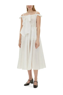 Patou women’s long white off-the-shoulder midi dress with ruffled bodice and gathered waist in lightweight fabric