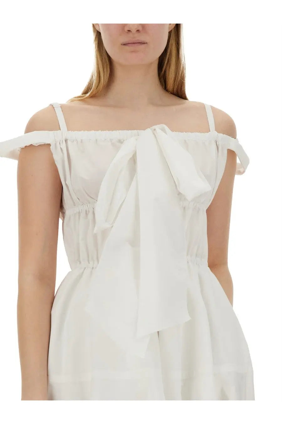 Patou women’s long white off-the-shoulder dress with thin straps gathered bodice and front bow detail