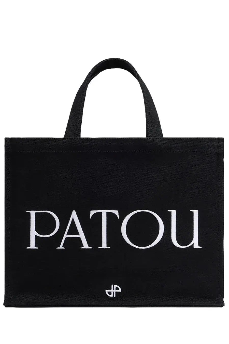 Black canvas Patou women’s medium tote bag with white embroidered lettering and small logo at the bottom