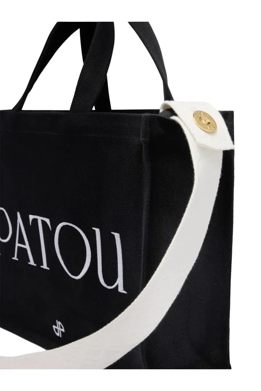Patou women’s medium black canvas tote bag with white lettering and gold-tone button detail