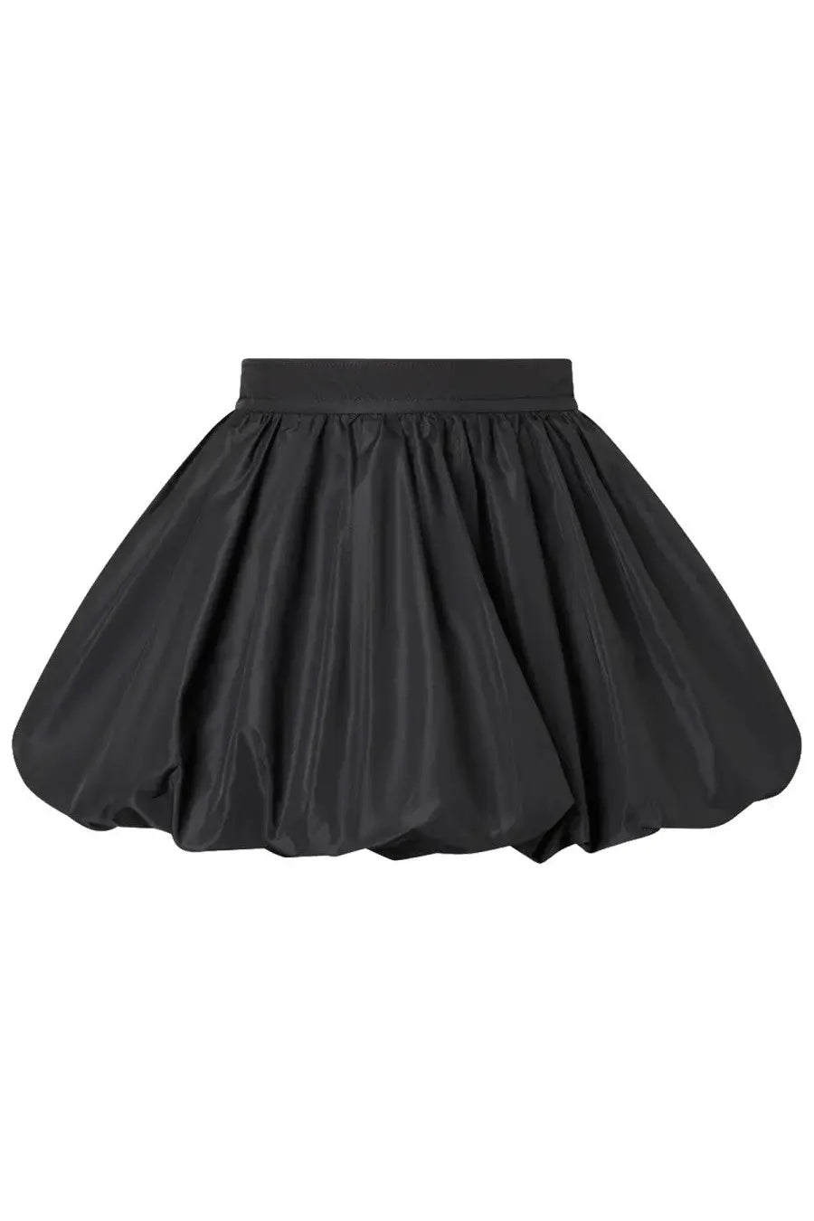 Patou women’s mini balloon skirt in black with a smooth shiny fabric and elastic waistband