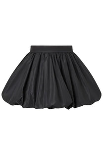 Patou women’s mini balloon skirt in black with a smooth shiny fabric and elastic waistband