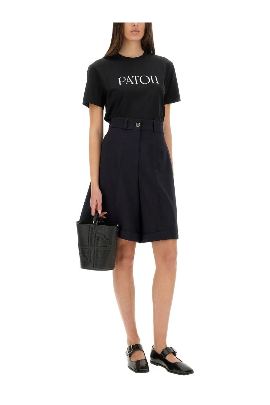 Black leather tote bag with embossed logo and top handles ideal for stylish everyday use
