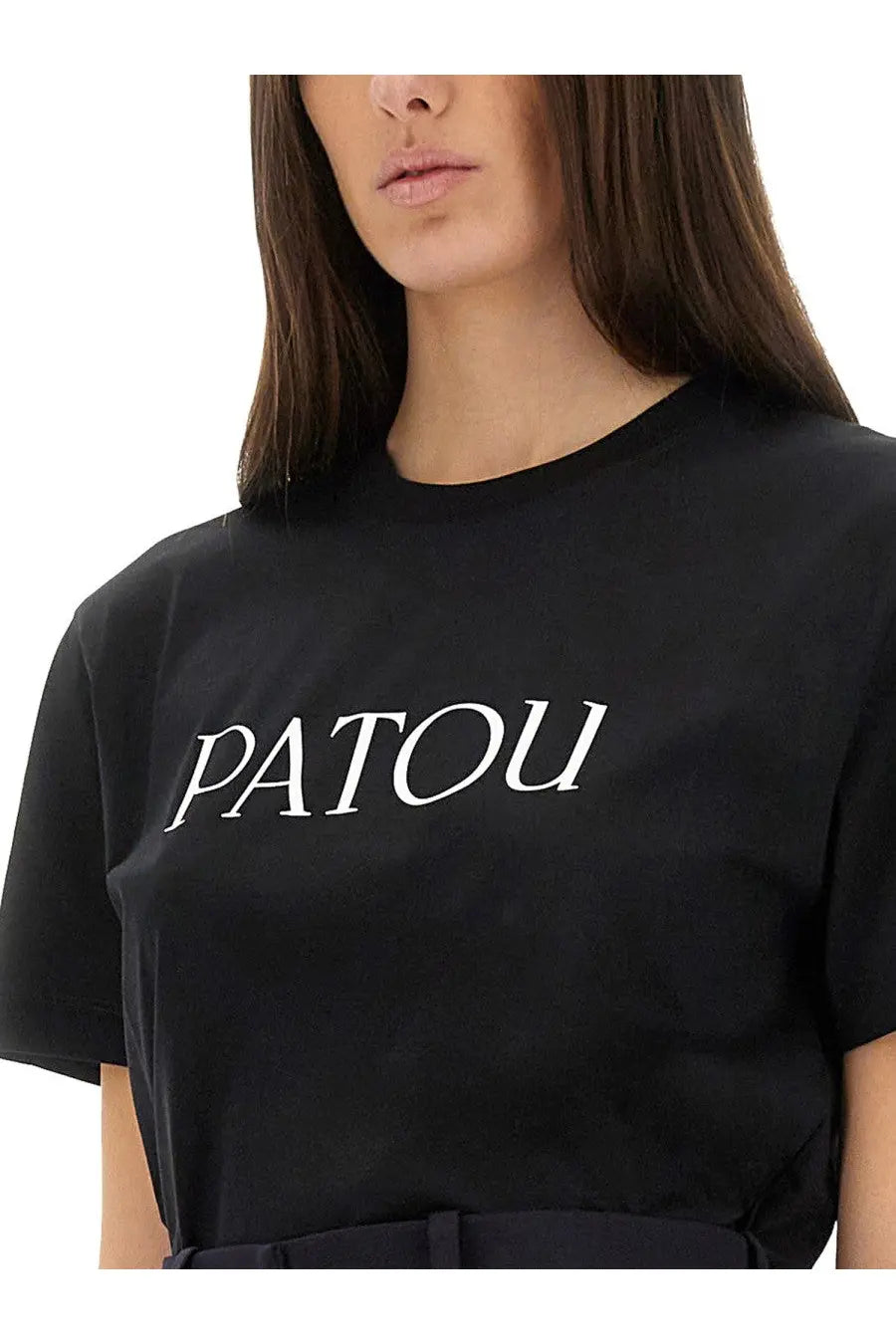 Patou women’s black short-sleeved shirt with white serif patou print across the chest made of soft cotton