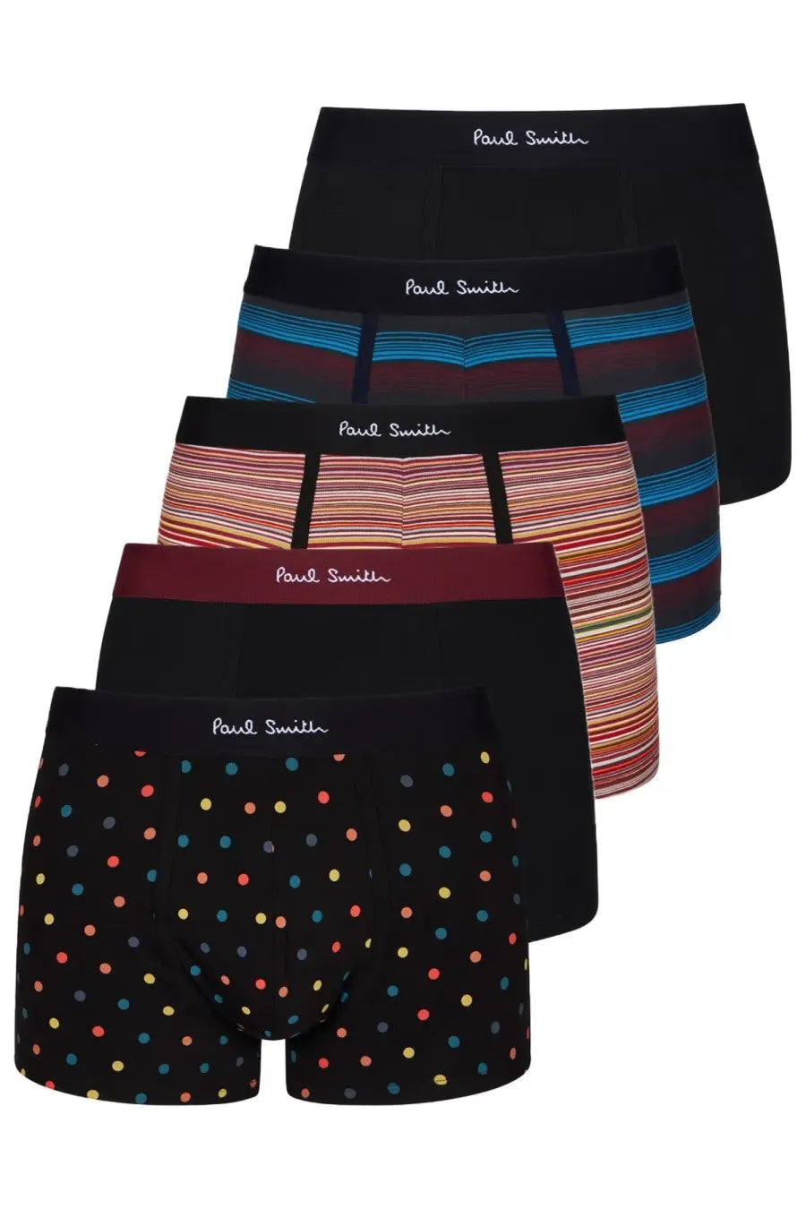 Set of five paul smith men’s boxer briefs in multicolor solid black striped and polka dot patterns
