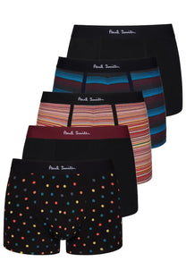 Set of five paul smith men’s boxer briefs in multicolor solid black striped and polka dot patterns