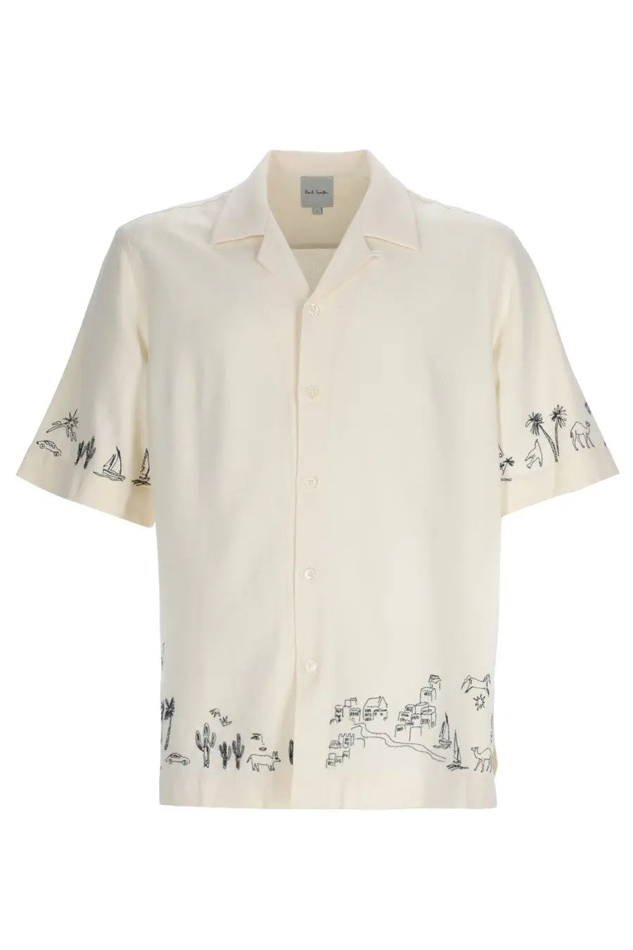 Paul Smith men’s cream short-sleeved button-up shirt with black line-drawn tropical coastal scenes on sleeves hem and front
