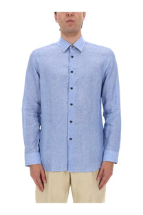 Paul Smith men’s camicia in lino blue light blue linen button-down shirt with subtle textured weave and dark buttons