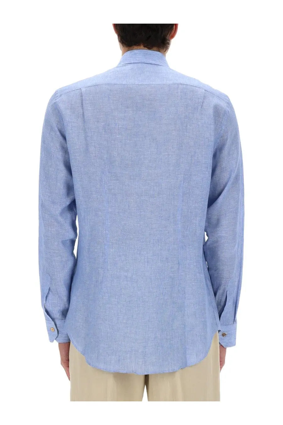 Light blue paul smith men’s linen shirt with subtle textured weave and buttoned cuffs
