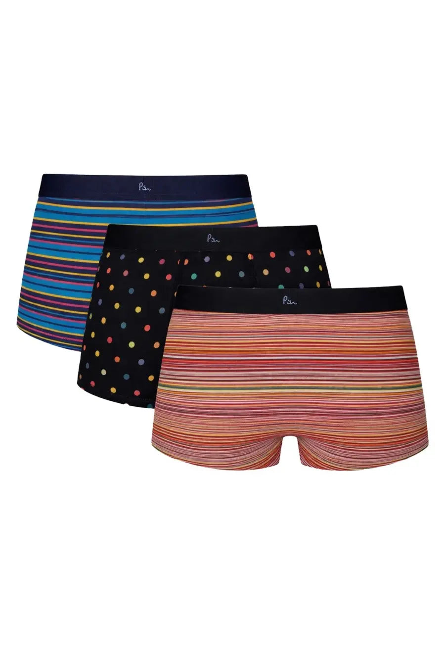 Three pairs of paul smith men’s di boxer multicolor boxer briefs with vibrant striped and polka dot bold patterns