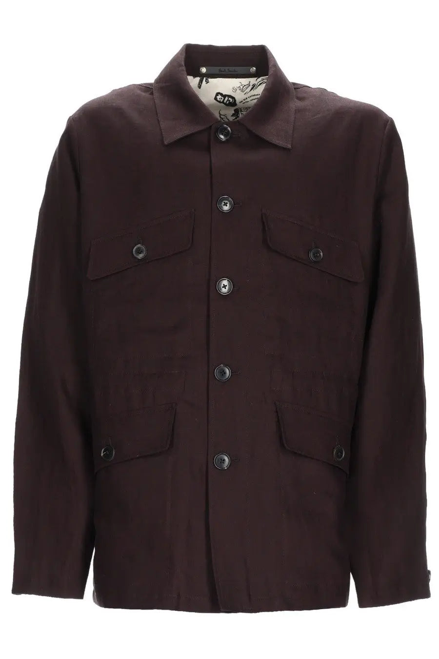 Paul Smith men’s giacca field dark brown button-up field jacket with four flap pockets and collar in linen purple