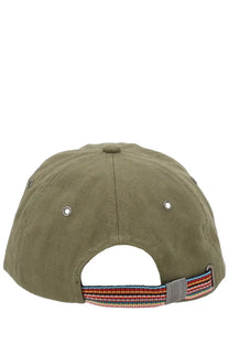 Paul Smith men’s linen baseball cap in olive green with colorful striped fabric strap and silver metal hardware visible on back