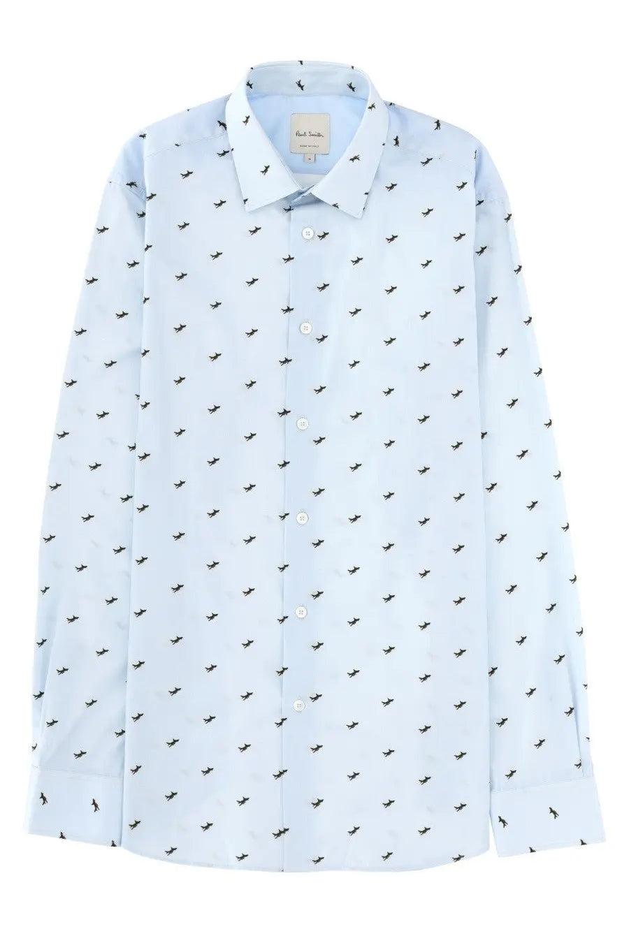 Paul Smith men’s light blue long-sleeved button-down shirt with subtle black bird print and brand label at collar