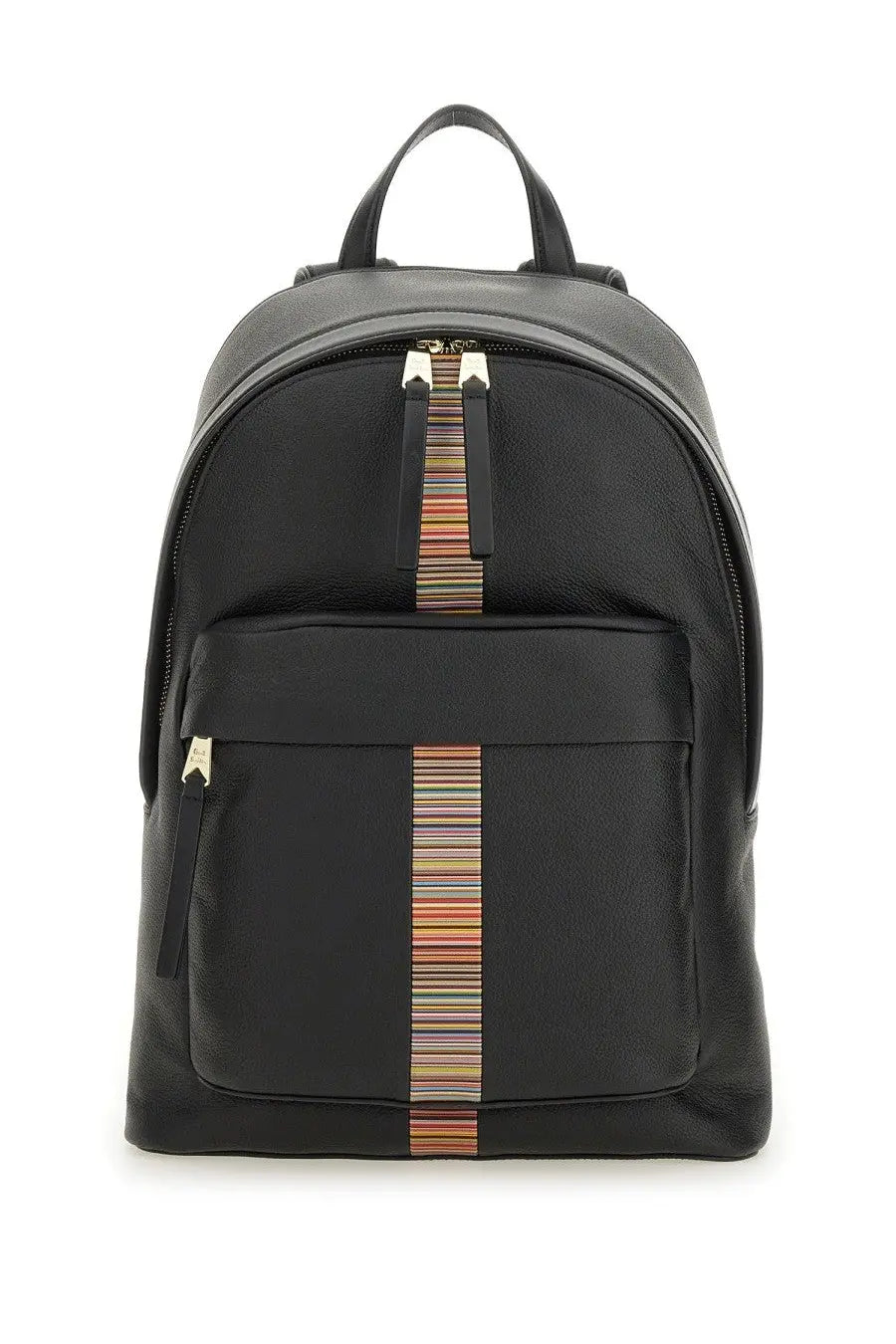 Paul Smith men’s signature stripe backpack black with colorful striped zipper pulls and matching front vertical stripe
