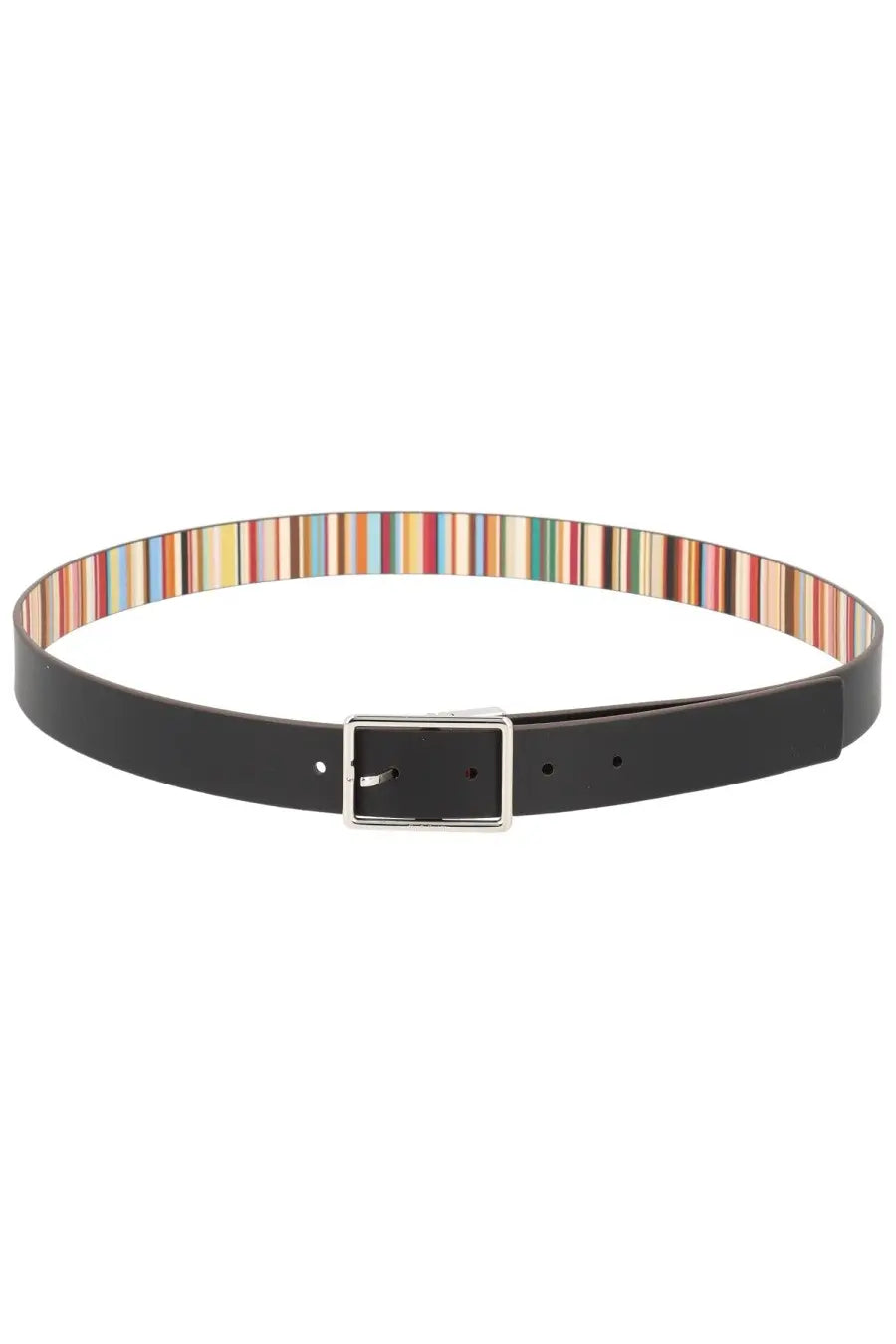 Paul Smith men’s signature stripe belt in black leather with silver buckle and colorful inner edge stripes