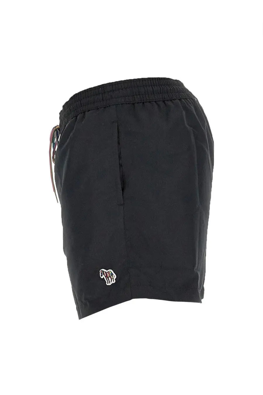 Paul Smith men’s black swim trunks with a small embroidered horse logo on the lower left leg
