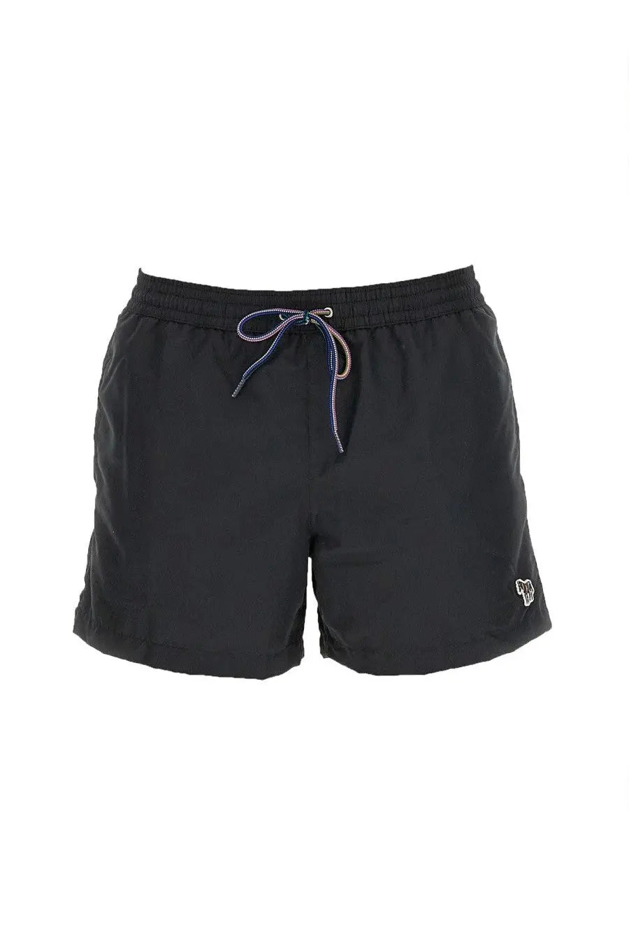 Paul Smith men’s swimsuit black swim trunks with multicolored drawstring waistband and embroidered logo on lower right leg