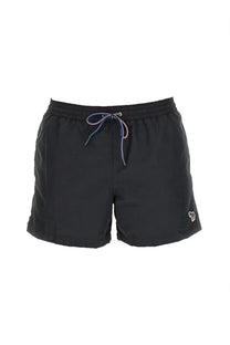 Paul Smith men’s swimsuit black swim trunks with multicolored drawstring waistband and embroidered logo on lower right leg