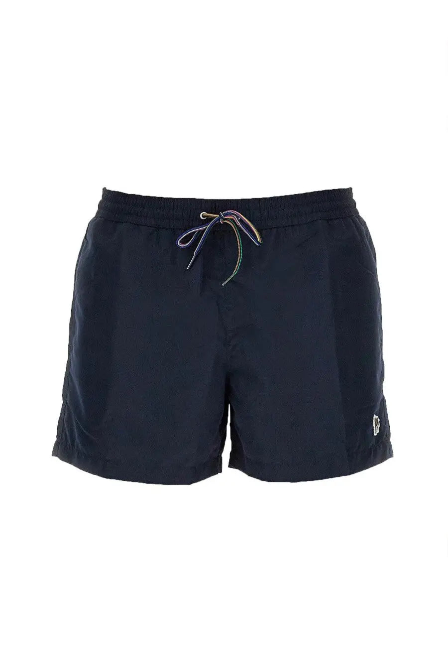 Paul Smith men’s navy blue swim trunks with rainbow-striped drawstring and small embroidered side logo