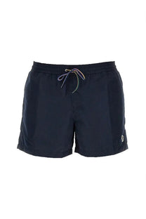 Paul Smith men’s navy blue swim trunks with rainbow-striped drawstring and small embroidered side logo