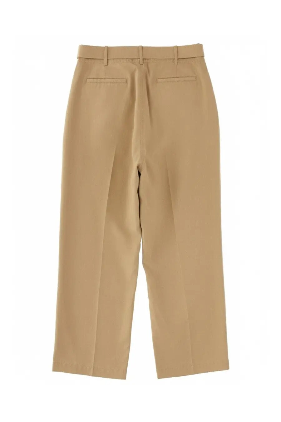 Beige paul smith women’s straight-leg belted pants with belt loop waistband and two rear pockets shown from the back