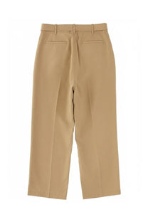 Beige paul smith women’s straight-leg belted pants with belt loop waistband and two rear pockets shown from the back