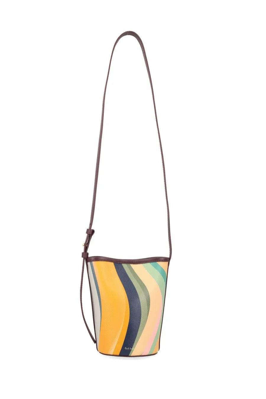 Paul Smith women’s borsa bucket swirl mini multicolor bag with vibrant yellow teal navy curved stripes and brown leather strap