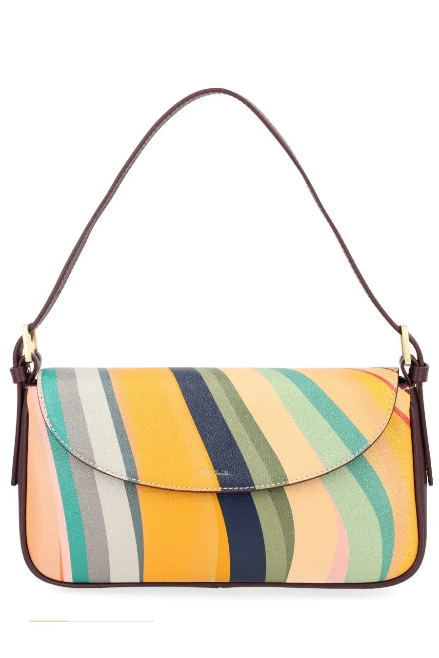 Paul Smith women’s borsa swirl multicolor shoulder bag with vibrant stripes curved flap and dark brown leather straps