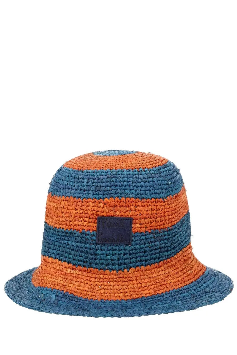 Paul Smith women’s woven bucket hat with vibrant orange and deep blue stripes and a small dark patch on front