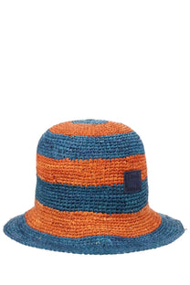 Paul Smith women’s woven bucket hat with vibrant orange and deep blue stripes and a small dark fabric patch