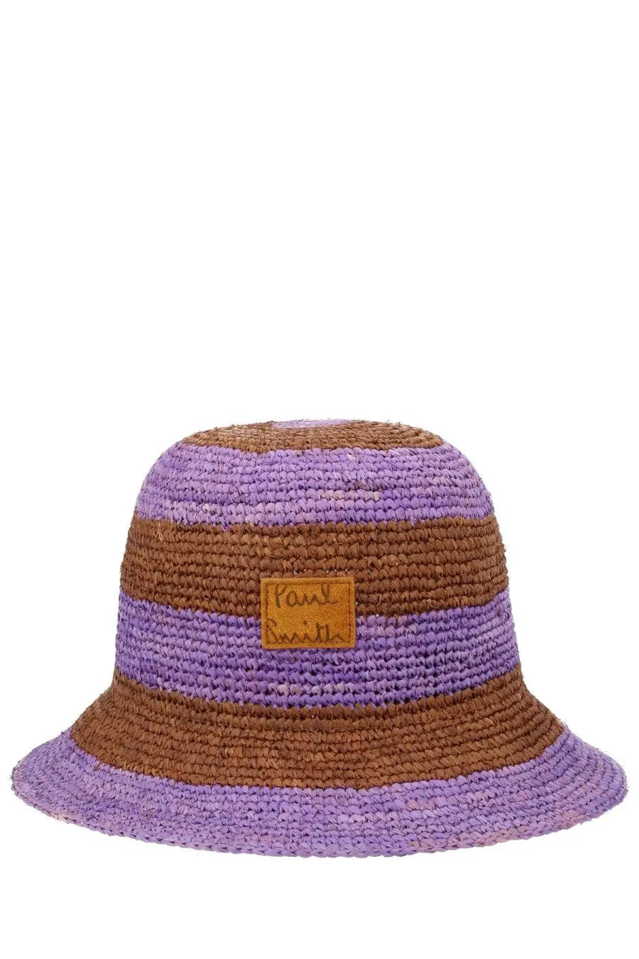 Paul Smith women’s woven bucket hat with lavender and brown stripes and a tan leather patch on the front