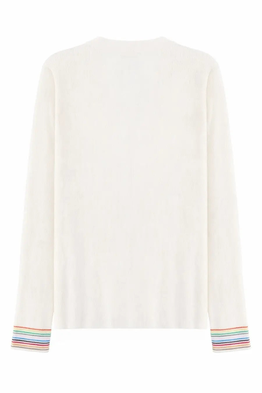 Paul Smith women’s cream-colored long-sleeved knit sweater with rainbow-striped cuffs in white