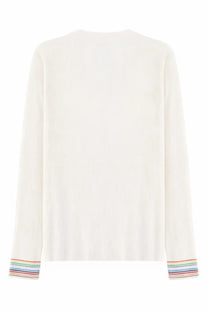 Paul Smith women’s cream-colored long-sleeved knit sweater with rainbow-striped cuffs in white