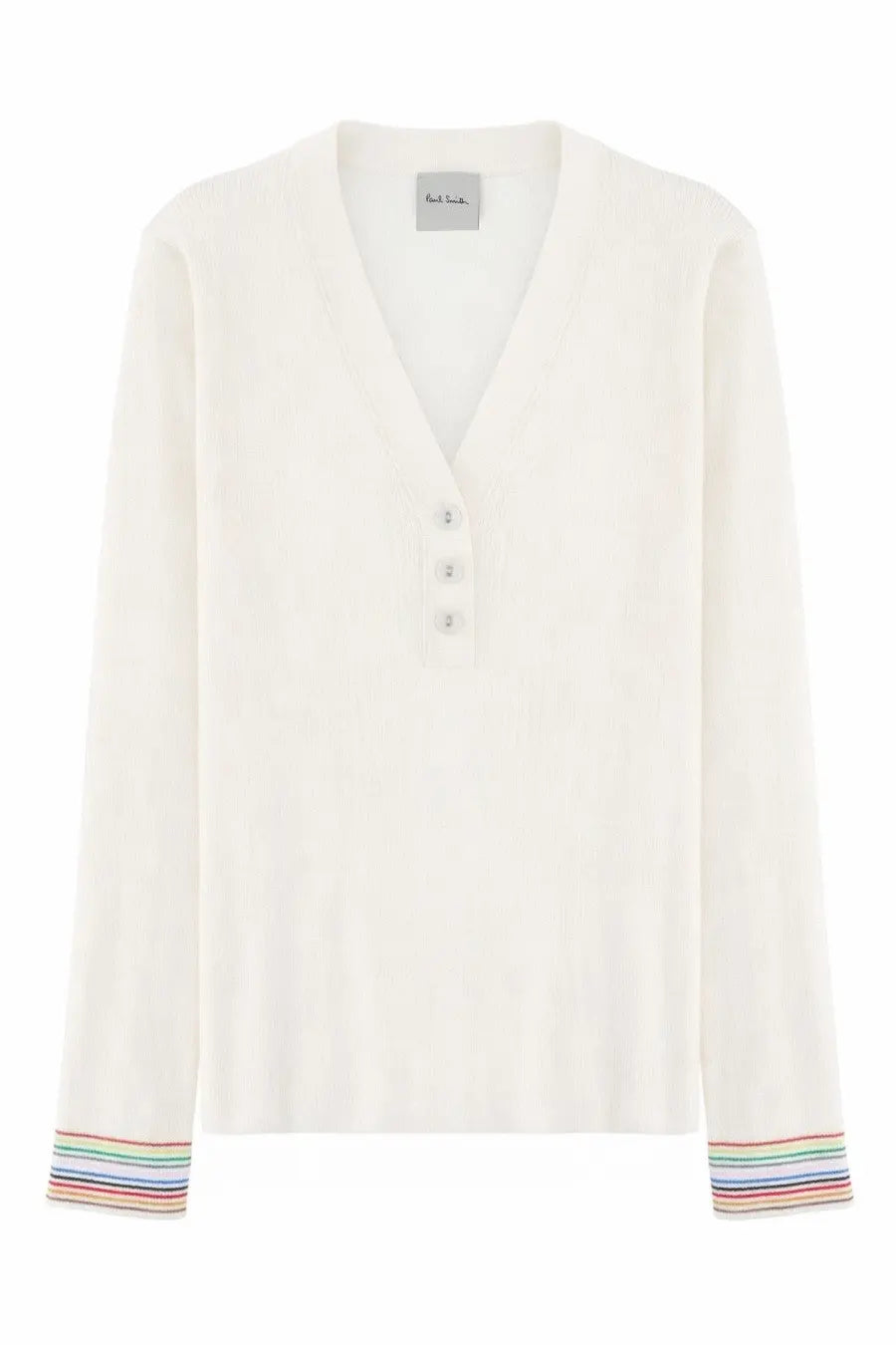 Paul Smith women’s cream-colored long-sleeved v-neck sweater with vertical ribbing and colorful rainbow striped cuffs