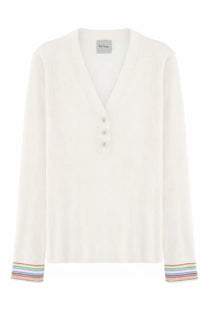 Paul Smith women’s cream-colored long-sleeved v-neck sweater with vertical ribbing and colorful rainbow striped cuffs