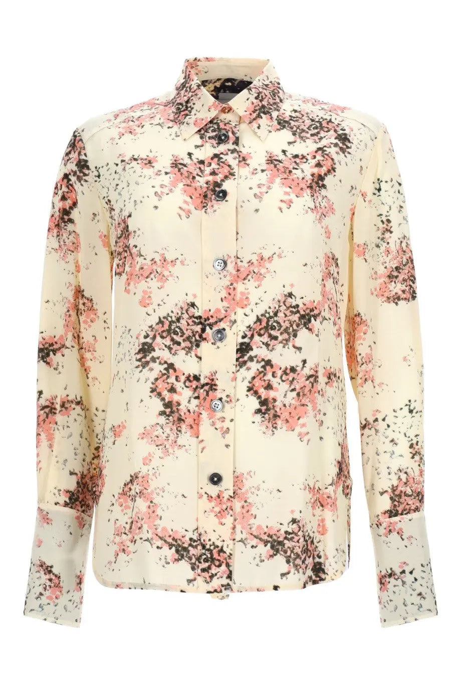 Paul Smith women’s printed shirt cream silk blouse with pink and black floral pattern and classic button-down collar