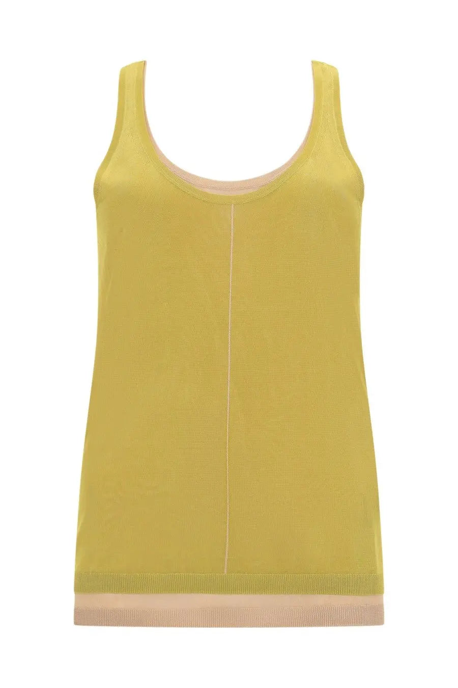 Paul Smith women’s rayon tank top green soft yellow sleeveless with vertical seam and pale pink ribbed trim