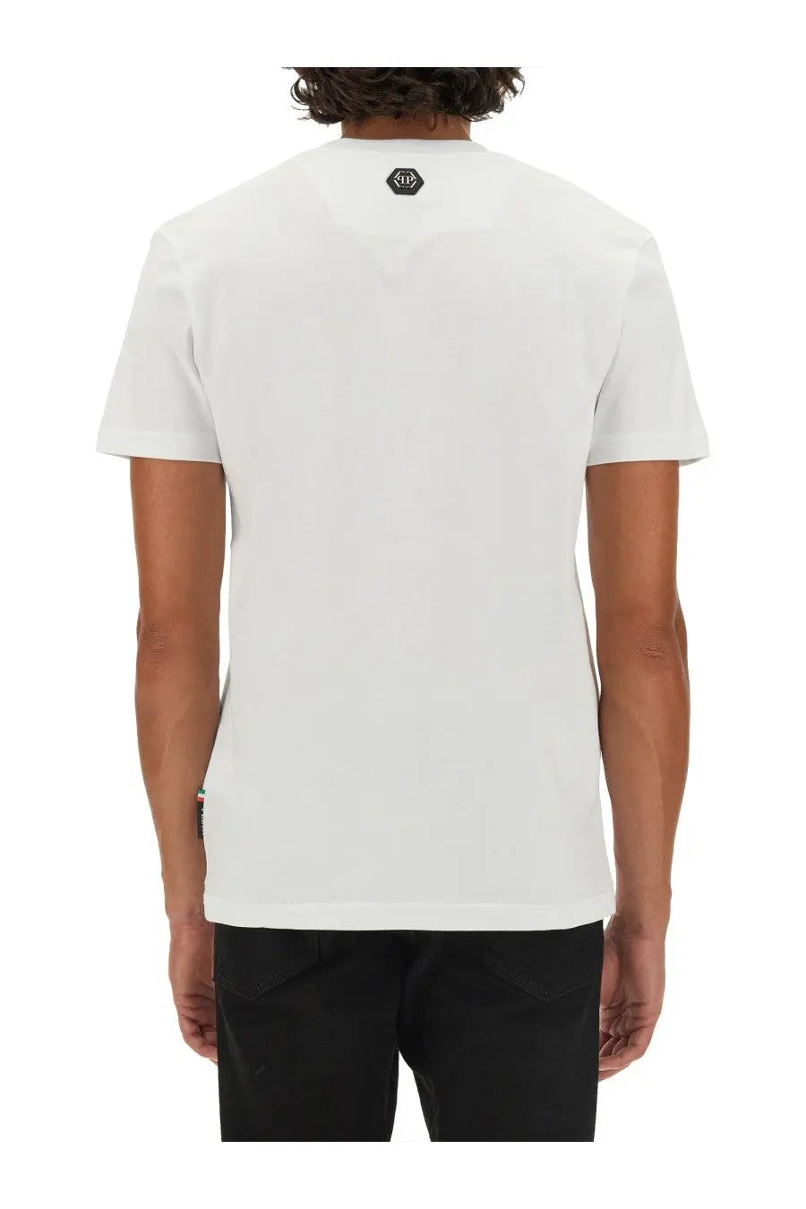 Philipp plein men’s white short-sleeved shirt with black hexagonal logo at the neckline