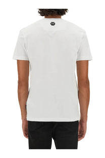 Philipp plein men’s white short-sleeved shirt with black hexagonal logo at the neckline
