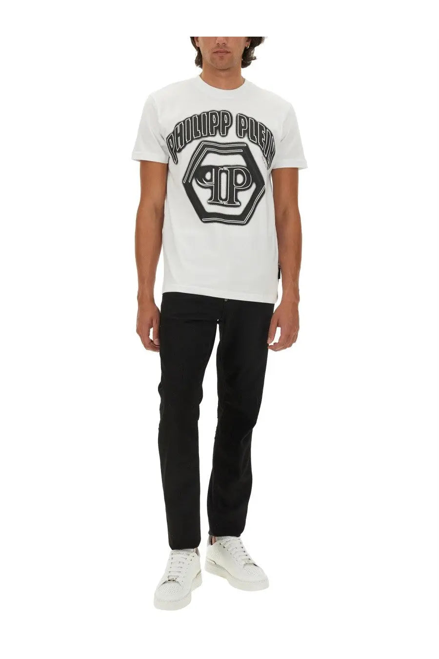 Philipp Plein men’s white t shirt with bold black hexagonal logo and philipp plein text arched above the logo