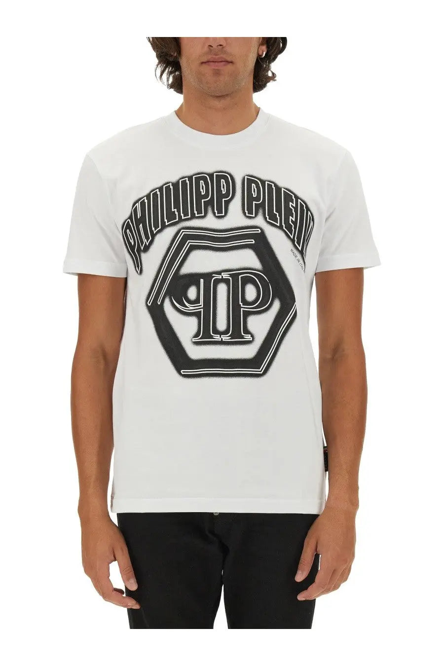 White philipp plein men’s t-shirt with bold black graphic hexagonal logo and philipp plein lettering on front