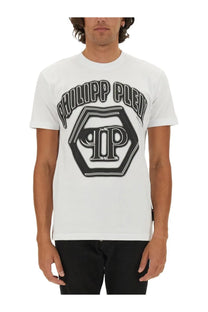 White philipp plein men’s t-shirt with bold black graphic hexagonal logo and philipp plein lettering on front