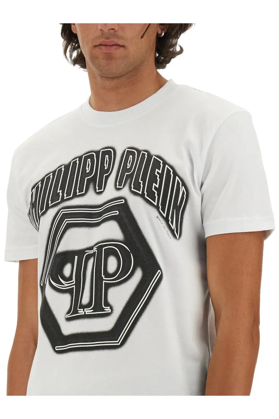 Philipp plein men’s white t-shirt featuring a bold black and white octagonal logo design on the front
