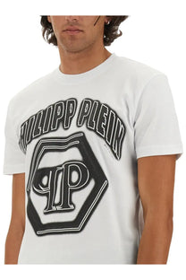 Philipp plein men’s white t-shirt featuring a bold black and white octagonal logo design on the front