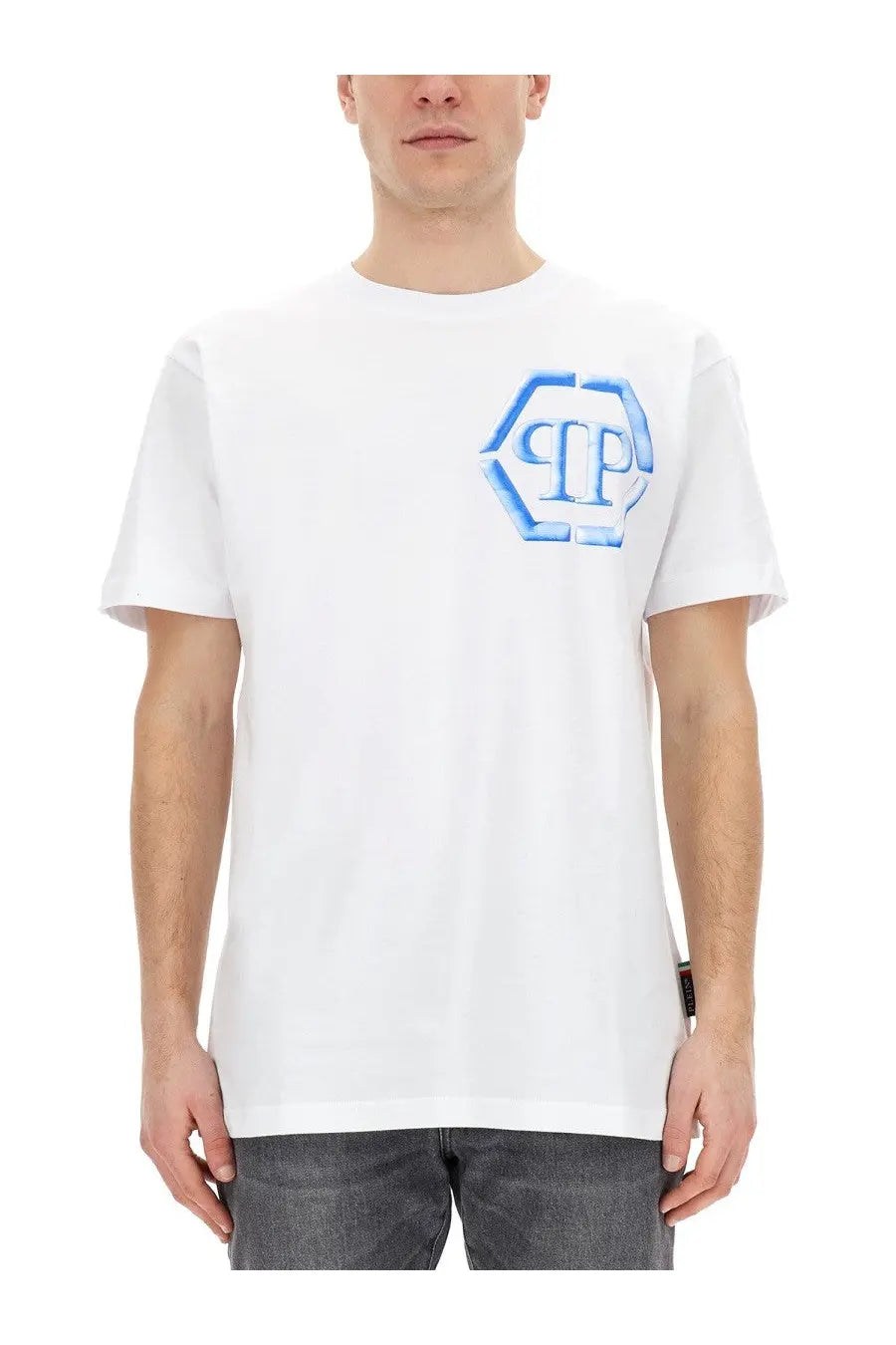 Philipp Plein men’s white t-shirt with bold blue hexagonal logo on the chest made from soft cotton material