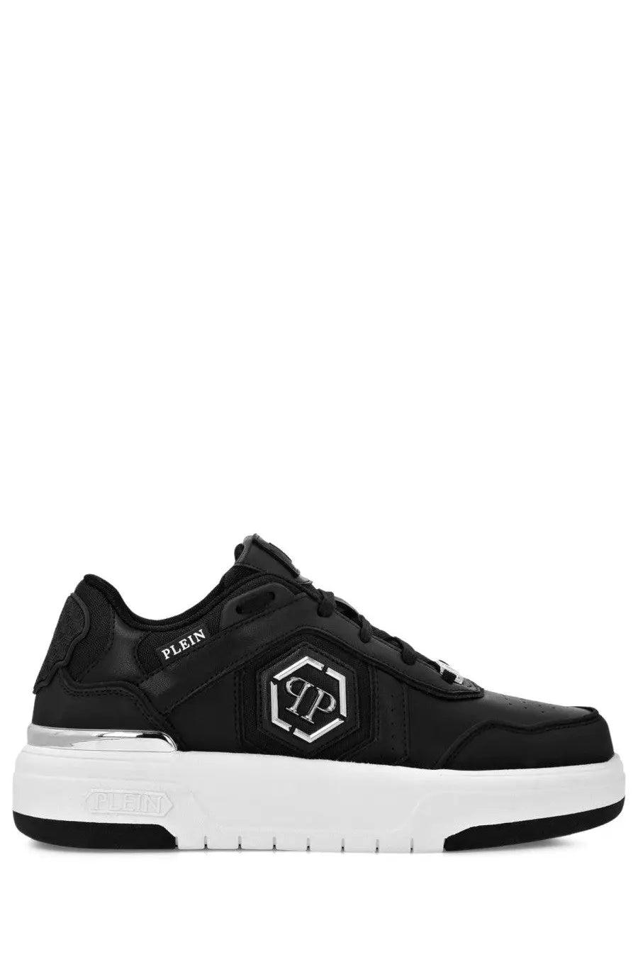 Philipp plein men’s sneaker sk8r con black with white hexagonal logo and silver metallic heel accents back view