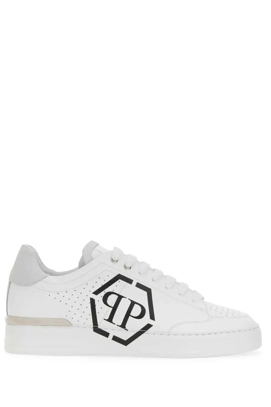 Philipp Plein men’s white leather low-top sneaker with bold black hexagonal pp logo on the side